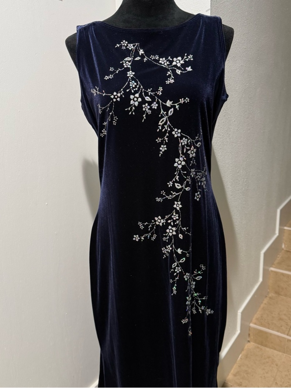 Navy Velvet Maxi Dress with Silver Floral Embroidery